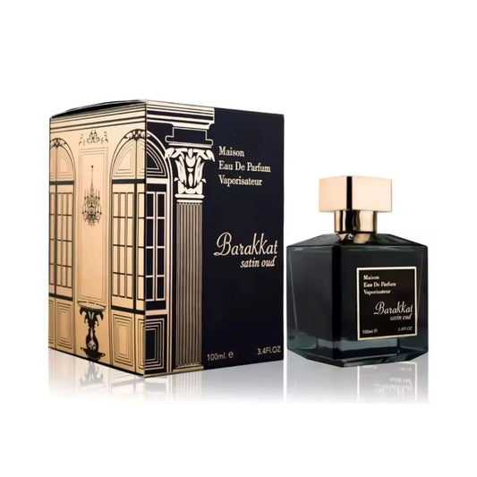 Barakkat Satin Oud de Fragrance World, fragancia ambarada floral con violeta, rosas, oud, vainilla, ámbar y benjuí. Elegante y envolvente.