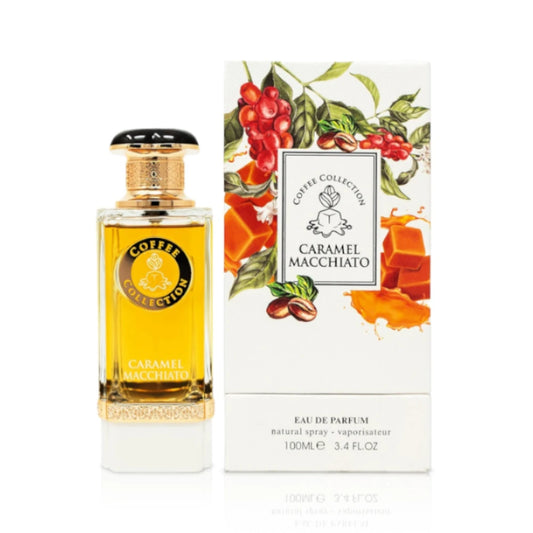 Caramel Macchiato de Fragrance World, fragancia intensa con notas de café, vainilla y caramelo. Perfecta para amantes de los perfumes gourmand.