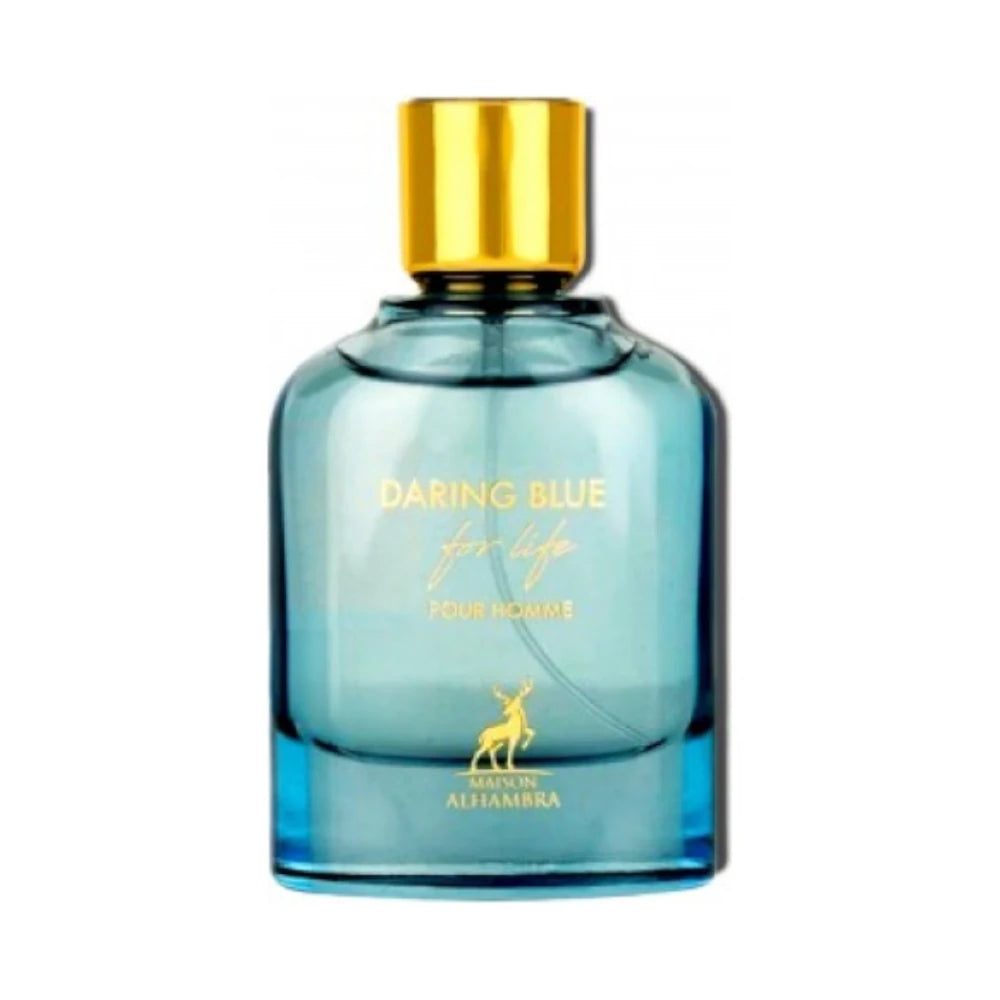 Daring Blue For Life de Maison Alhambra, fragancia fresca con notas cítricas, ozónicas y amaderadas. Perfecta para un estilo activo y contemporáneo.