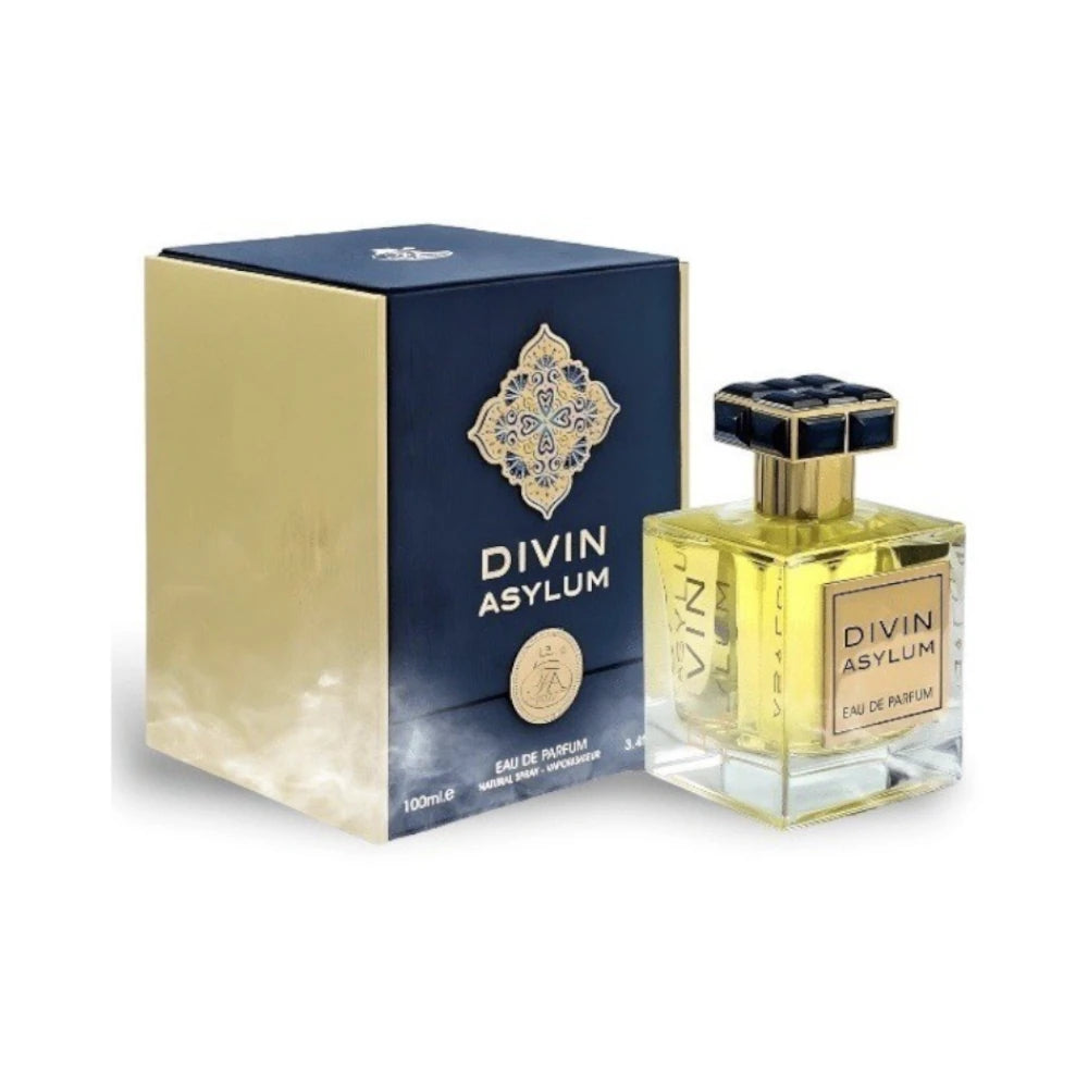 Divin Asylum de Fragrance World, fragancia aromática amaderada con salida cítrica verde, corazón especiado-amaderado y fondo de ámbar gris, benjuí, cuero, ládano y vainilla. Sofisticada.