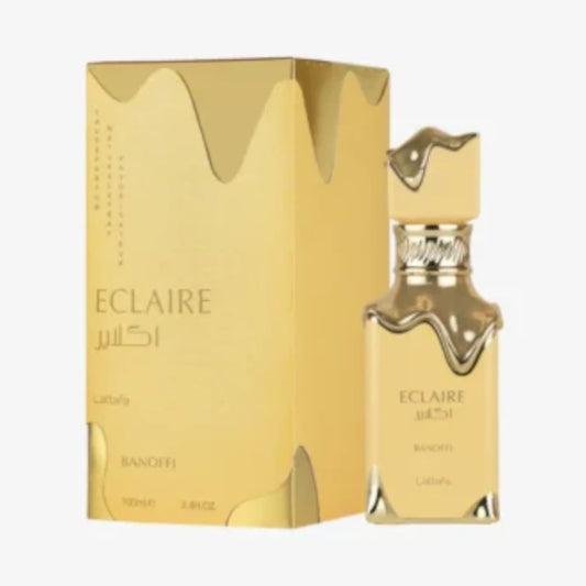 Eclaire Banoffi de Lattafa, fragancia gourmand dulce con plátano, dulce de leche y praliné. Cremosa y adictiva.