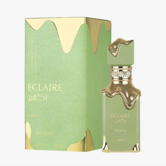 Eclaire Pistache de Lattafa, fragancia gourmand cremosa con pistacho, cacao, coco y vainilla. Dulce y tentadora.