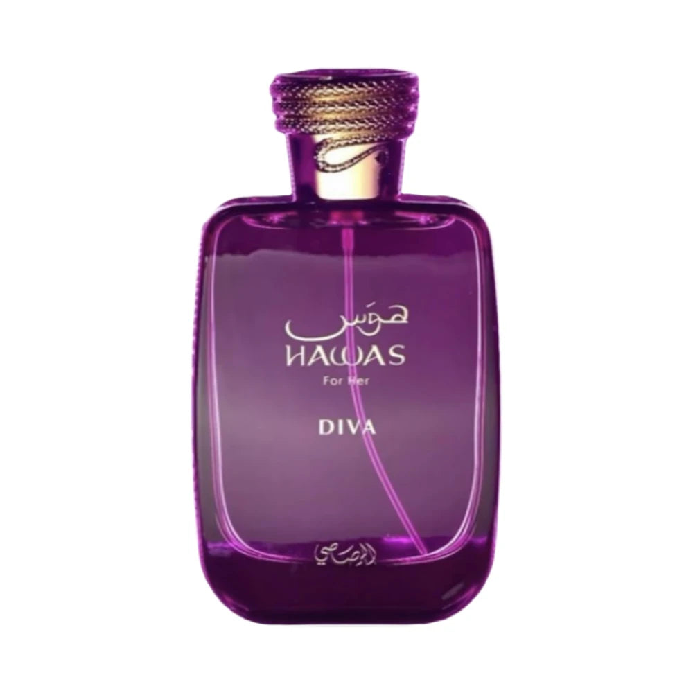 Hawas Diva de Rasasi, fragancia floral ambarada con frutas rojas, rosa, incienso y vainilla. Elegante y magnética.