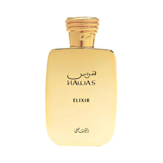 Perfume Hawas Elixir de Rasasi, frasco de 100 ml, fragancia ámbar especiado con menta, chocolate oscuro, benjuí y vainilla.