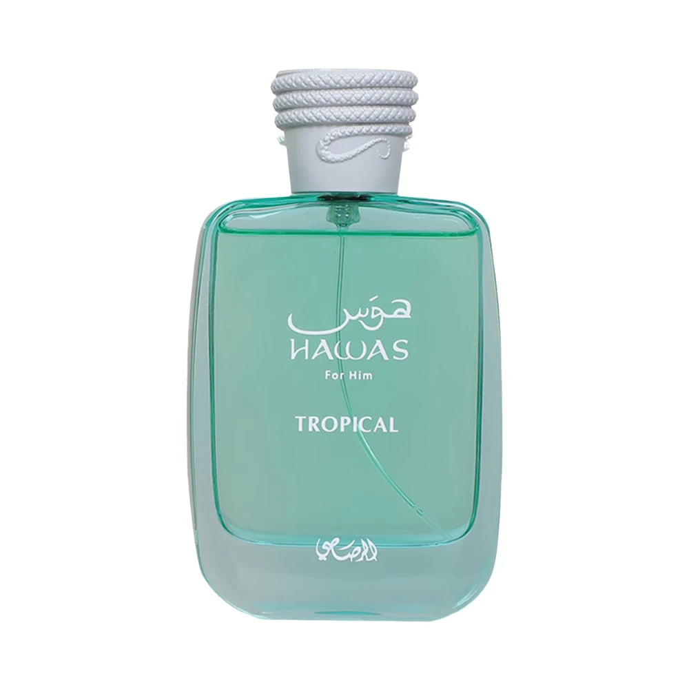 Hawas Tropical de Rasasi, fragancia aromática frutal con coco, higo, menta y sándalo. Exótica y refrescante.