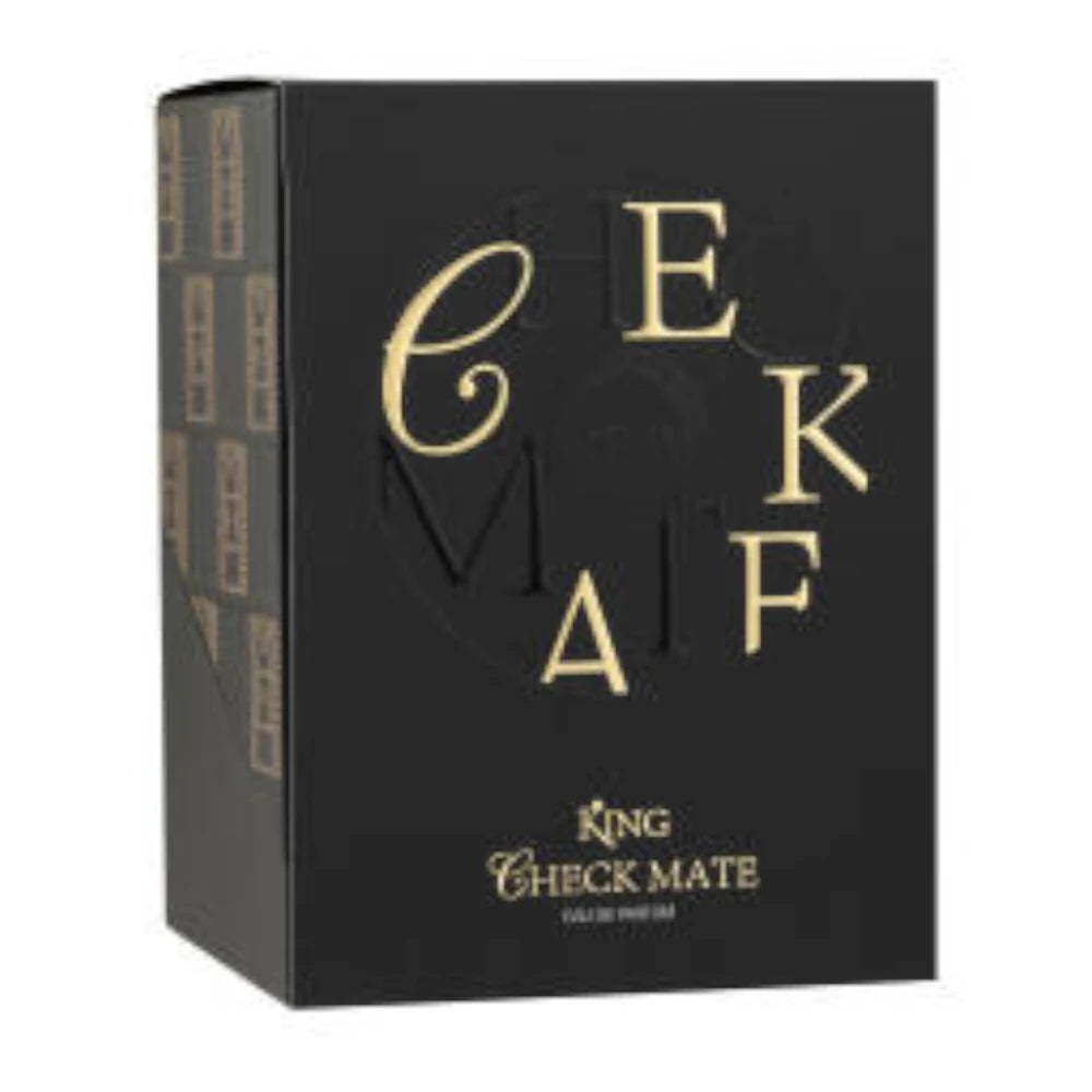 King Check Mate de Lattafa, fragancia gourmand ambarada con ciruela, castaña, especias y ámbar. Poderosa y sofisticada.