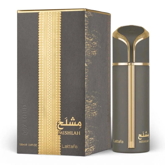 Mishlah de Lattafa Perfumes, fragancia ambarada aromática con lavanda y bergamota, corazón de iris y petit grain y fondo de ámbar, almizcle, incienso y cedro. Sofisticada.