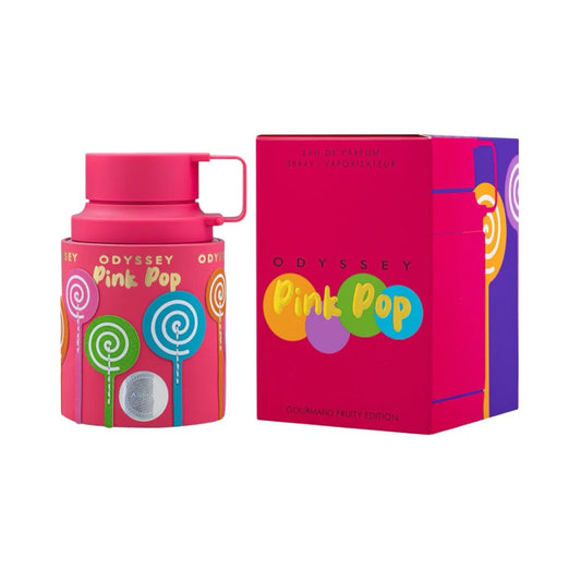 Odyssey Pink Pop de Armaf, fragancia floral gourmand con frutas rojas y cítricos, corazón suave gourmand y fondo de vainilla, almizcle y ámbar. Coqueta y dulce.