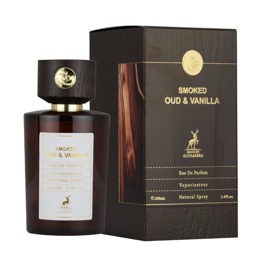 Perfume Smoked Oud & Vanilla de Maison Alhambra, frasco de 100 ml, fragancia oriental amaderada con vainilla y notas ahumadas.