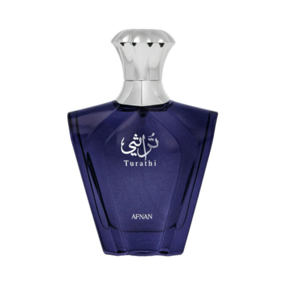 Turathi Blue de Afnan, perfume masculino de frescura cítrica y fondo especiado, ideal para quienes buscan elegancia, carácter y presencia duradera.