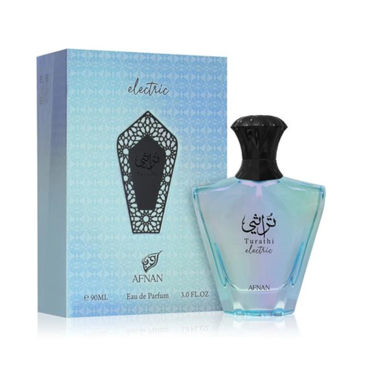 Turathi Electric de Afnan, fragancia floral frutal con pera y cítricos, corazón de azahar y manzana y fondo de almizcle, ámbar y vainilla. Fresca y luminosa.