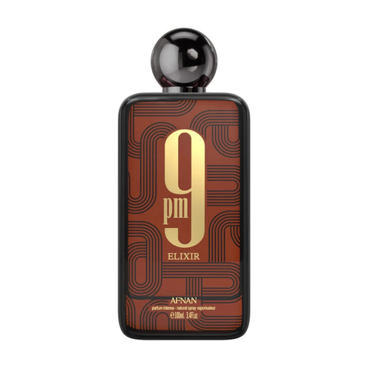 9PM Elixir de Afnan, perfume especiado ambarado con cardamomo, cuero y vainilla, elegante e intenso.