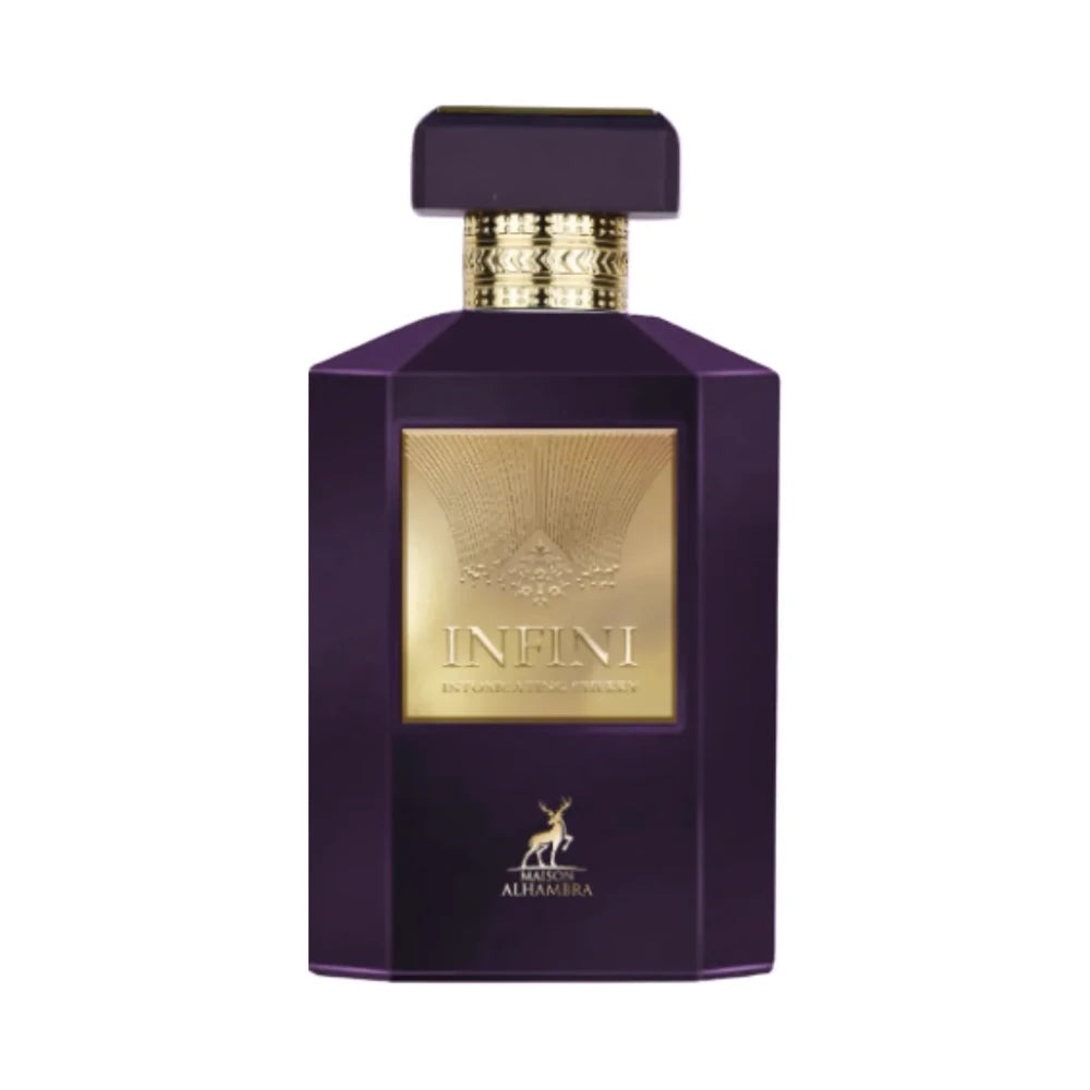 Infini Intoxicating Cherry de Maison Alhambra, fragancia ámbarada  especiada con cereza, pimientas y coñac sobre un fondo de tabaco, vainilla, haba tonka, cedro y pachulí. Oscura y sensual.