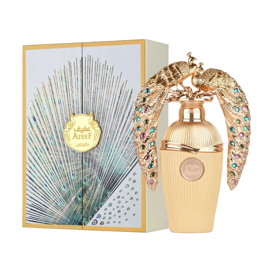 Afeef de Lattafa, fragancia floral oriental con notas de durazno, nardos, ámbar y praliné. Ideal para mujeres elegantes que buscan distinción.