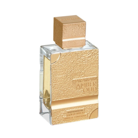 Amber Oud Gold 999.9 Dubai Edition de Al Haramain, fragancia gourmand y ambarada con frutas, caramelo y ámbar. Una expresión de lujo moderno y seducción.