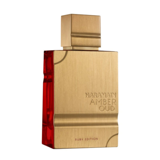 Amber Oud Ruby Edition de Al Haramain, fragancia intensa con notas de azafrán, almizcle y maderas. Perfecta para quienes buscan elegancia con carácter.