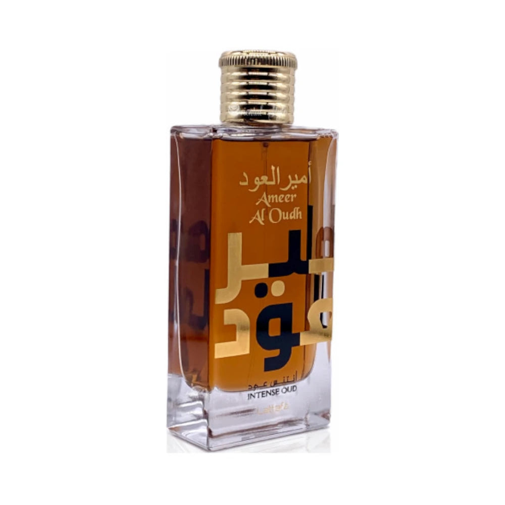 Ameer Al Oudh Intense Oud de Lattafa, fragancia oriental con oud, vainilla y maderas nobles. Ideal para quienes buscan un aroma profundo y elegante.