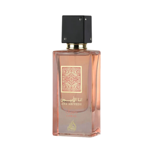 Ana Abiyedh Coral de Lattafa, fragancia fresca y dulce con notas de frutas, coco y flores blancas. Ideal para un estilo alegre y relajado.
