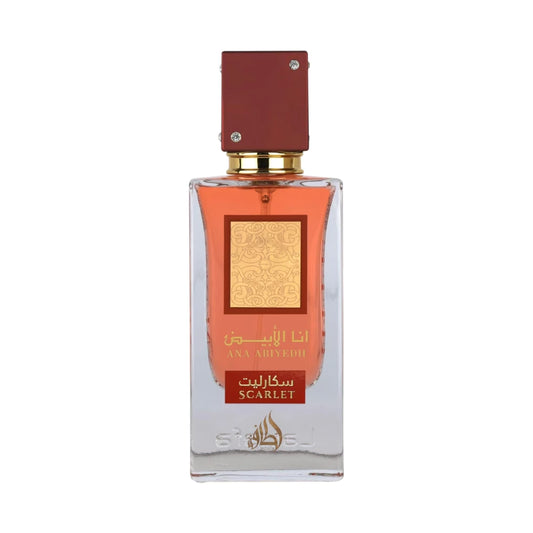 Ana Abiyedh Scarlet de Lattafa, fragancia floral gourmand con cereza negra, rosa y caramelo. Dulce y femenina.