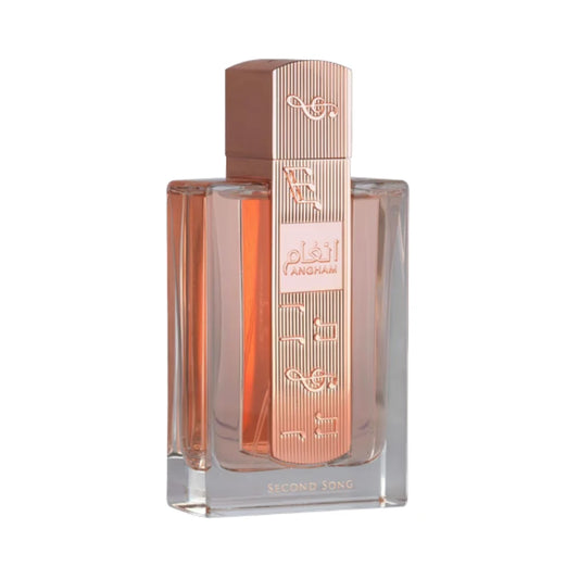 Angham Second Song de Lattafa Perfumes, fragancia floral gourmand con flor del peral, peonía, azahar, praliné, vainilla, almizcle, haba tonka y ambroxan. Dulce y elegante.