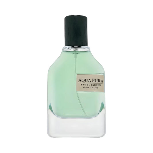 Aqua Pura de Fragance World, fragancia acuática cítrica con bergamota, limón, notas marinas y almizcle. Fresca y vibrante.