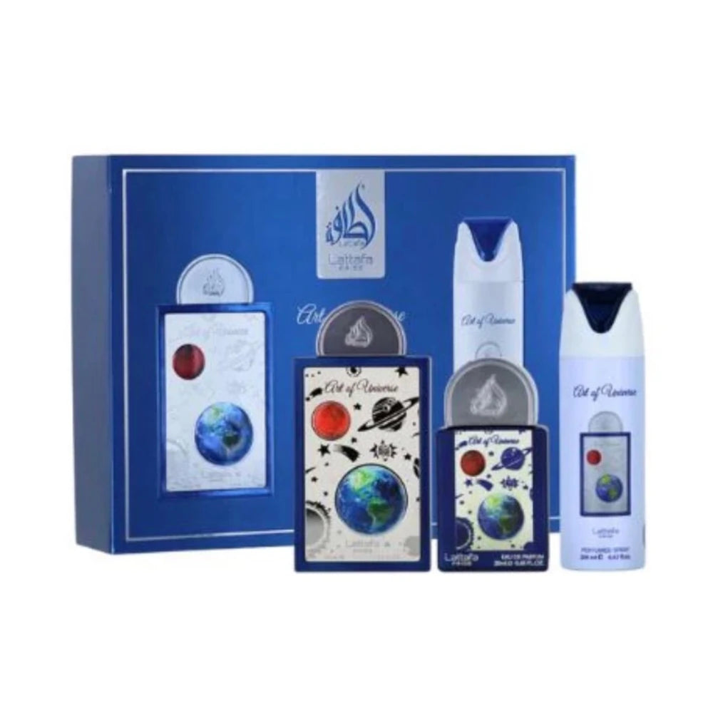 Set de regalo de 3 piezas Lattafa Pride Art of Universe Dos frascos de perfume -100 y 20 ml- y un spray de perfume 200 ml