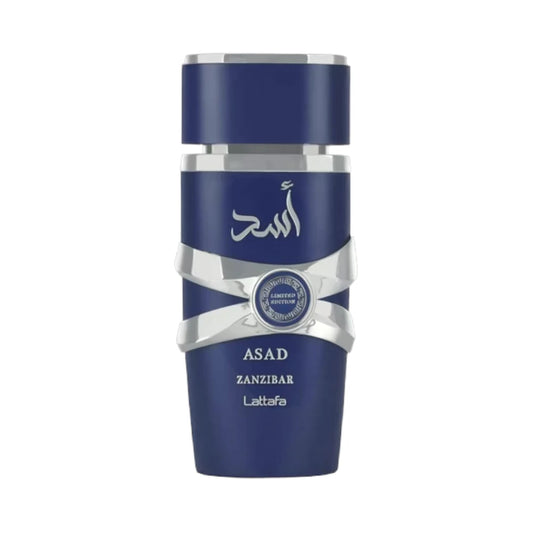 Asad Zanzibar Limited Edition de Lattafa Perfumes, fragancia ambarada especiada con salida marina y aromática, corazón limpio y fondo amaderado cálido. Elegante y masculina.