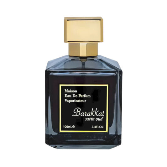Barakkat Satin Oud de Fragrance World, fragancia ambarada floral con violeta, rosas, oud, vainilla, ámbar y benjuí. Elegante y envolvente.