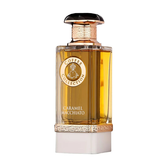 Caramel Macchiato de Fragrance World, fragancia intensa con notas de café, vainilla y caramelo. Perfecta para amantes de los perfumes gourmand.