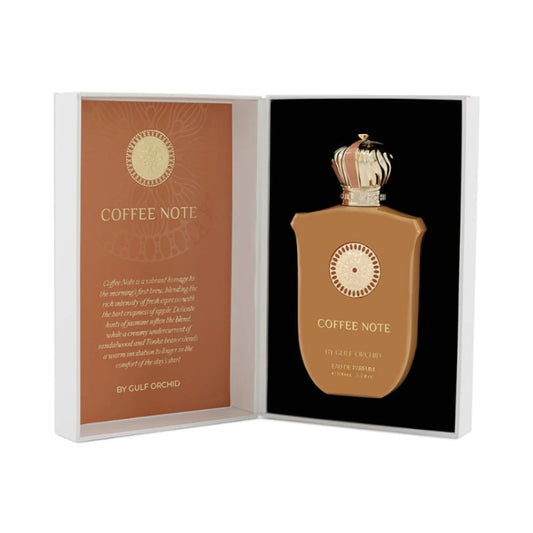 Coffee Note de Gulf Orchid, fragancia gourmand con notas de café, leche y vainilla. Ideal para quienes buscan un aroma cálido y sofisticado