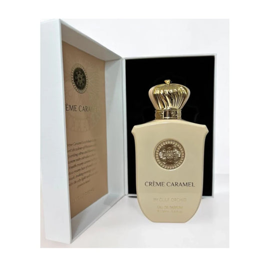 Creme Caramel de Gulf Orchid, fragancia gourmand y ambarada con notas de caramelo, cítricos y vainilla. Ideal para un estilo dulce y acogedor.