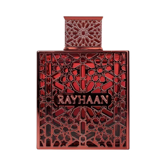 Crimson de Rayhaan, fragancia ambarada especiada con canela, pachulí y vainilla. Sofisticada y envolvente.