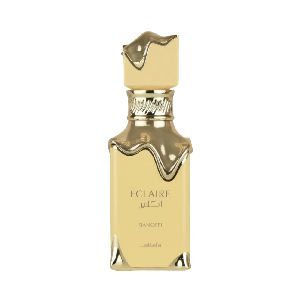 Eclaire Banoffi de Lattafa, fragancia gourmand dulce con plátano, dulce de leche y praliné. Cremosa y adictiva.