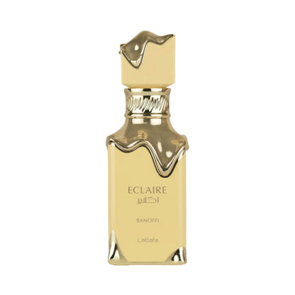 Eclaire Banoffi de Lattafa, fragancia gourmand dulce con plátano, dulce de leche y praliné. Cremosa y adictiva.