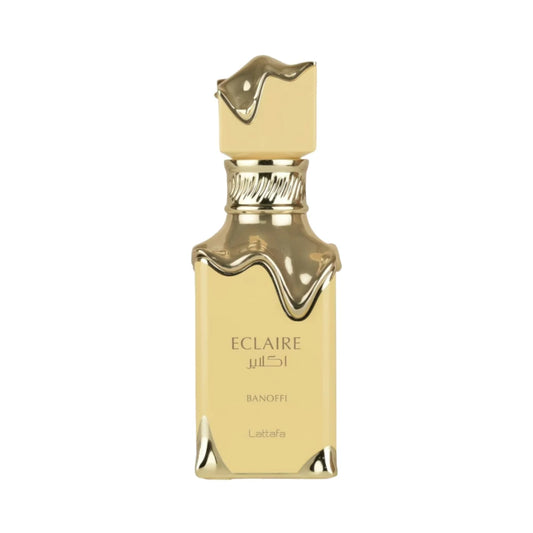 Eclaire Banoffi de Lattafa, fragancia gourmand dulce con plátano, dulce de leche y praliné. Cremosa y adictiva.