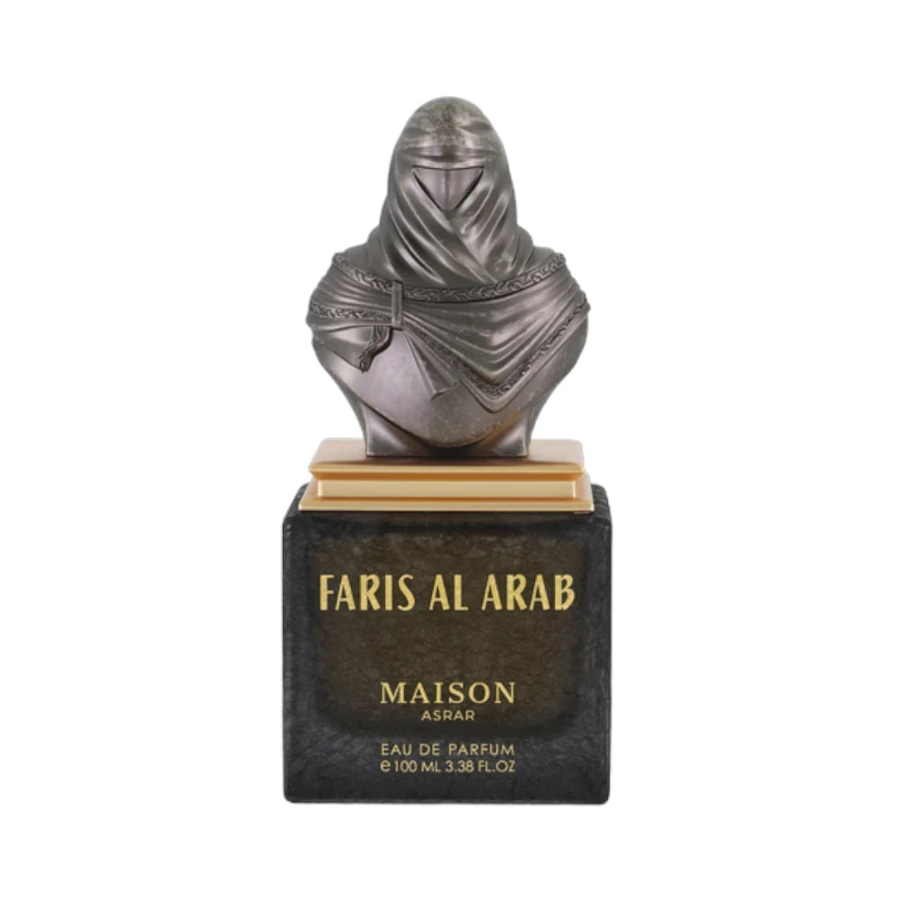 Faris Al Arab de Maison Asrar, fragancia ámbar oriental con notas orientales, licor de cereza y vainilla sobre ámbar, caña de azúcar, cedro, sándalo, tonka, ládano y almizcle. Envolvente y lujosa.