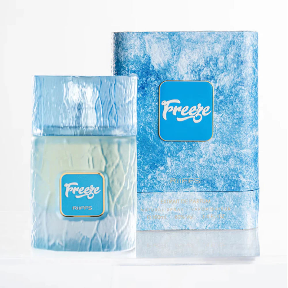 Freeze de Riiffs Perfumes, fragancia aromática cítrica con menta, cítricos, nieve, hielo, jengibre, té, salvia, Ambermax™, peonía y cedro. Fresca y energizante.