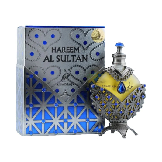 Hareem Al Sultan Blue de Khadlaj, fragancia equilibrada con notas cítricas, florales y amaderadas que evocan frescura elegante y alegría sofisticada.
