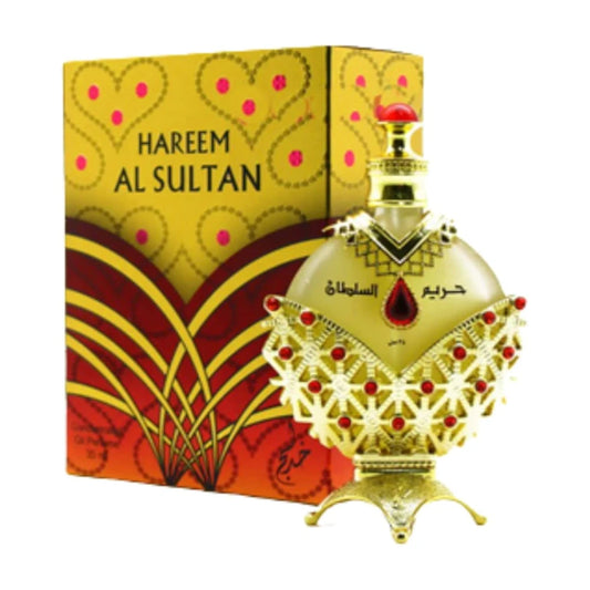 Hareem Al Sultan Rojo, perfume con notas florales, frutales y amaderadas que evocan lujo oriental, feminidad intensa y una estela envolvente y elegante.