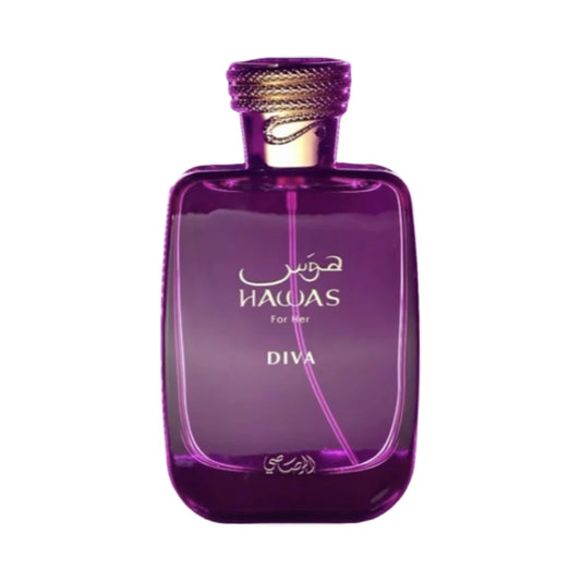Hawas Diva de Rasasi, fragancia floral ambarada con frutas rojas, rosa, incienso y vainilla. Elegante y magnética.