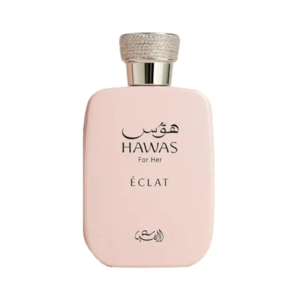 Perfume Hawas Eclat de Rasasi, frasco de 100 ml, fragancia floral ámbar con lichi, rosa, incienso y vainilla.