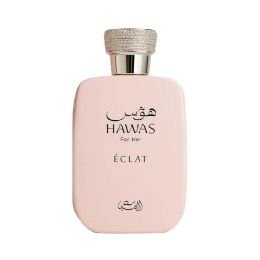 Perfume Hawas Eclat de Rasasi, frasco de 100 ml, fragancia floral ámbar con lichi, rosa, incienso y vainilla.