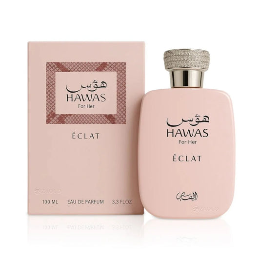 Perfume Hawas Eclat de Rasasi, frasco de 100 ml, fragancia floral ámbar con lichi, rosa, incienso y vainilla.