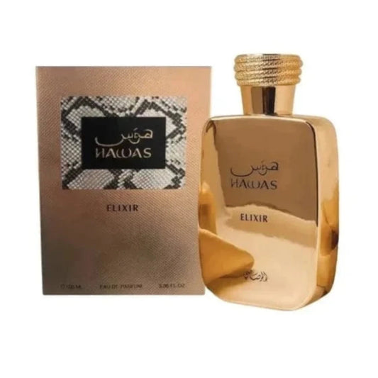 Perfume Hawas Elixir de Rasasi, frasco de 100 ml, fragancia ámbar especiado con menta, chocolate oscuro, benjuí y vainilla.