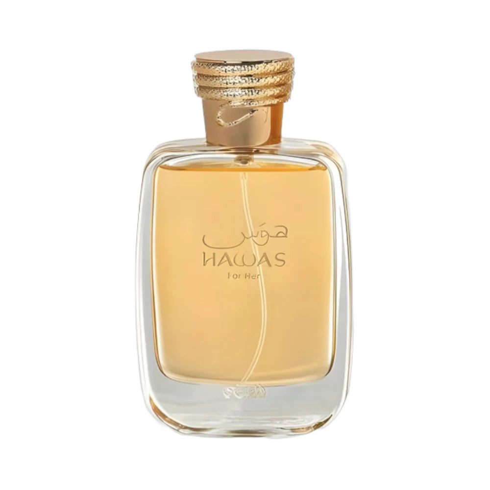 Hawas for Her de Rasasi, fragancia floral frutal gourmand con granada, manzana y pomelo, corazón de iris y jazmín, y fondo de praliné, pachulí y vetiver. Adictiva.
