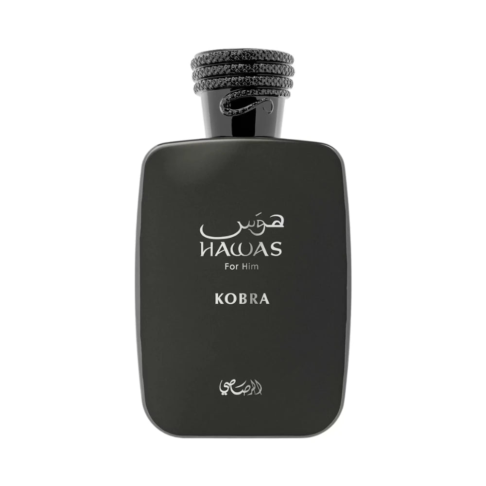 Hawas Kobra de Rasasi, fragancia amaderada especiada con jengibre, té verde y ámbar. Vibrante y sofisticada.