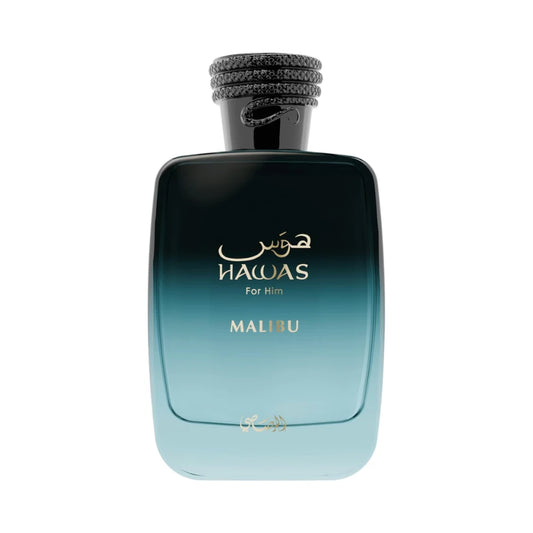Hawas Malibu de Rasasi, fragancia amaderada aromática con piña, lavanda y ámbar. Fresca y sofisticada.
