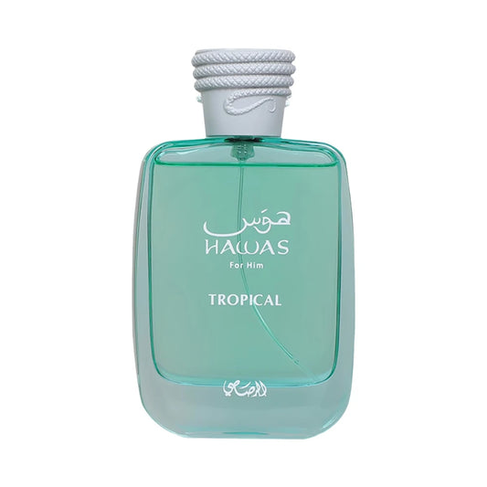 Hawas Tropical de Rasasi, fragancia aromática frutal con coco, higo, menta y sándalo. Exótica y refrescante.