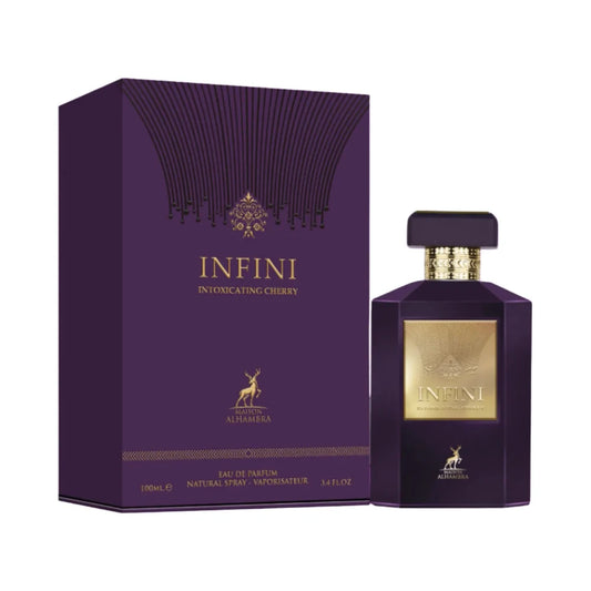 Infini Intoxicating Cherry de Maison Alhambra, fragancia ámbarada  especiada con cereza, pimientas y coñac sobre un fondo de tabaco, vainilla, haba tonka, cedro y pachulí. Oscura y sensual.