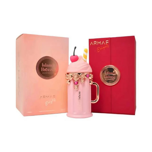 Island Breeze de Armaf, fragancia floral frutal con melocotón y bayas, corazón de rosa y fondo de almizcle blanco. Suave, fresca y luminosa.